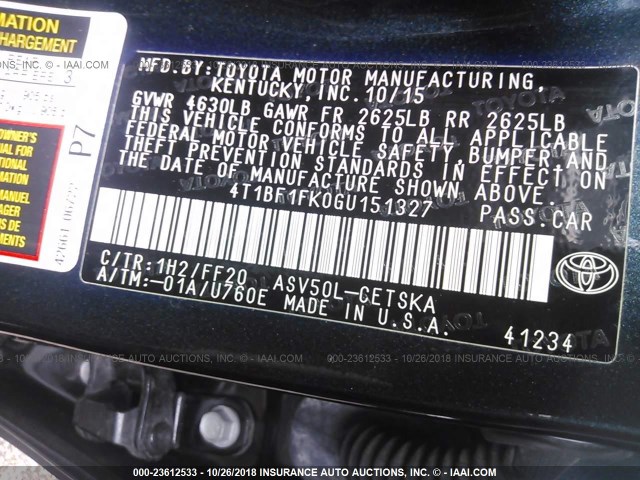 4T1BF1FK0GU151327 - 2016 TOYOTA CAMRY LE/XLE/SE/XSE BLACK photo 9