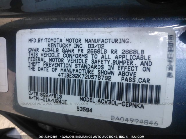 4T1BE32K72U578792 - 2002 TOYOTA CAMRY LE/XLE/SE BLUE photo 9