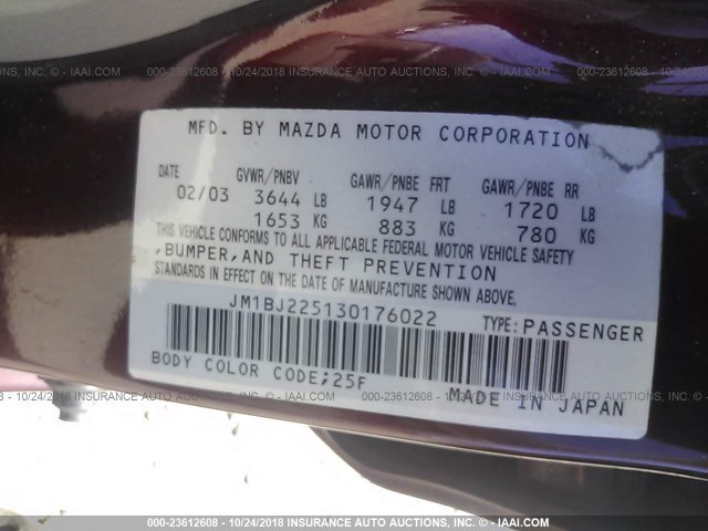 JM1BJ225130176022 - 2003 MAZDA PROTEGE DX/LX/ES MAROON photo 9