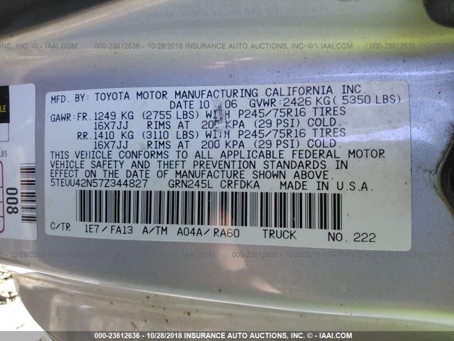 5TEUU42N57Z344827 - 2007 TOYOTA TACOMA ACCESS CAB ვერცხლისფერი ფოტო 9