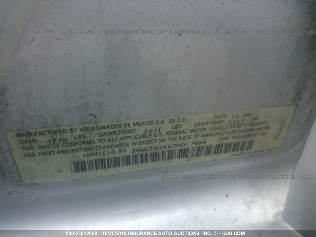 3VWEF81K07M077989 - 2007 VOLKSWAGEN JETTA WOLFSBURG 银色 照片 9