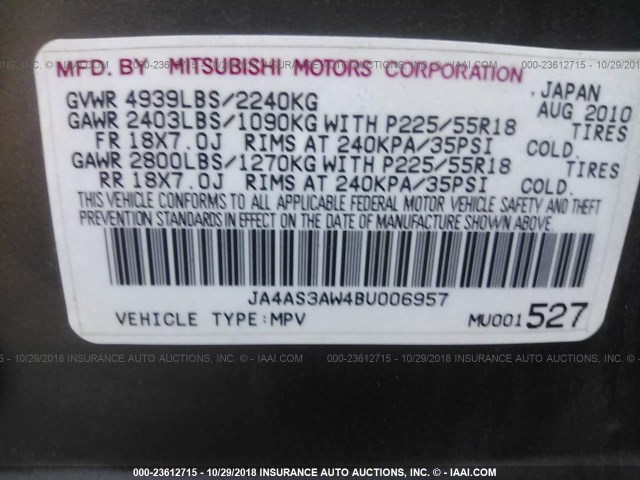 JA4AS3AW4BU006957 - 2011 MITSUBISHI OUTLANDER SE ფერფლისფერი ფოტო 8