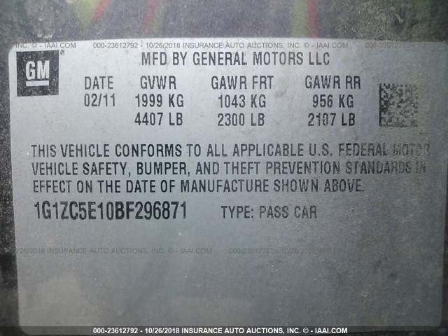 1G1ZC5E10BF296871 - 2011 CHEVROLET MALIBU 1LT GRAY photo 9