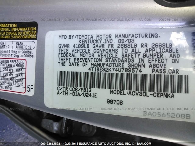 4T1BE32K74U789574 - 2004 TOYOTA CAMRY LE/XLE/SE SILVER photo 9