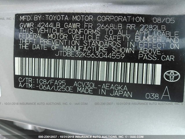 JTDBE32K563044559 - 2006 TOYOTA CAMRY LE/XLE 银色 照片 9