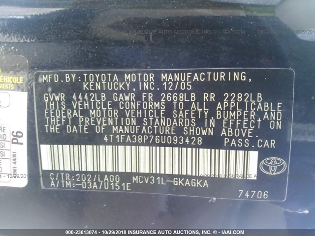 4T1FA38P76U093428 - 2006 TOYOTA CAMRY SOLARA SE/SLE შავი ფოტო 9