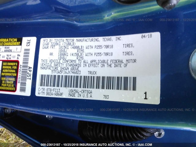 5TFUW5F16JX746023 - 2018 TOYOTA TUNDRA DOUBLE CAB SR/SR5 BLUE photo 9