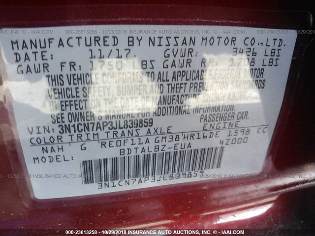 3N1CN7AP3JL839859 - 2018 NISSAN VERSA S/S PLUS/SV/SL BURGUNDY photo 9