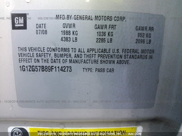 1G1ZG57B89F114273 - 2009 CHEVROLET MALIBU LS ფერფლისფერი ფოტო 9