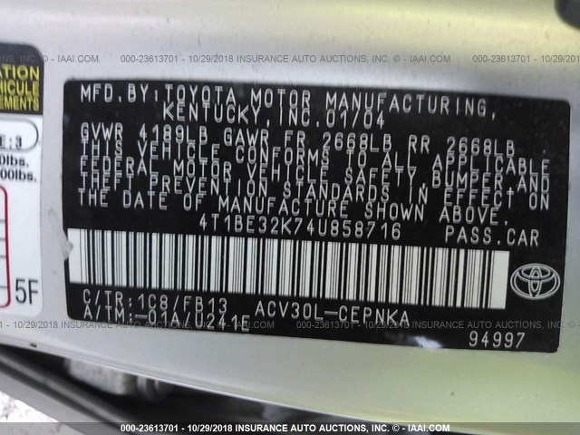 4T1BE32K74U858716 - 2004 TOYOTA CAMRY LE/XLE/SE GRAY photo 9