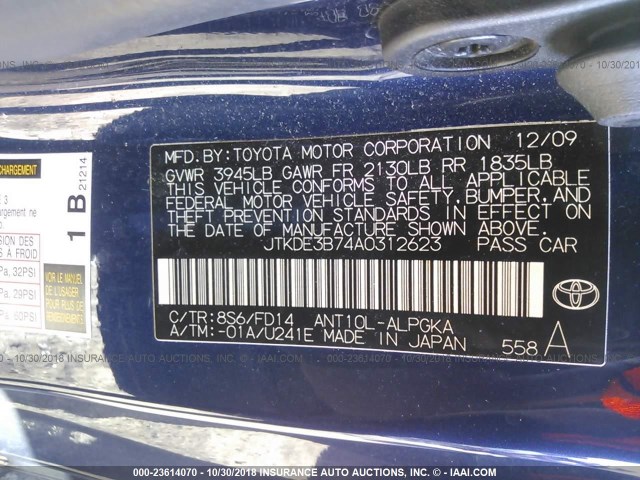 JTKDE3B74A0312623 - 2010 TOYOTA SCION TC Mavi foto 9