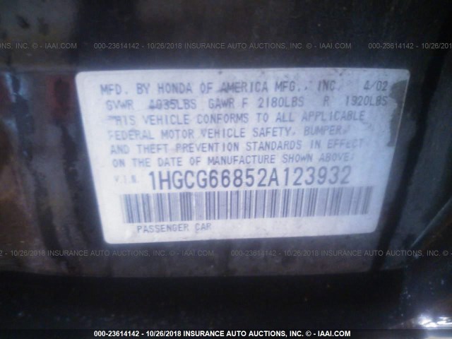 1HGCG66852A123932 - 2002 HONDA ACCORD EX/SE BLACK photo 9