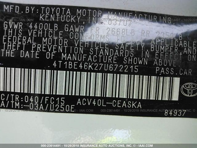 4T1BE46K27U672215 - 2007 TOYOTA CAMRY NEW GENERAT CE/LE/XLE/SE WHITE photo 9