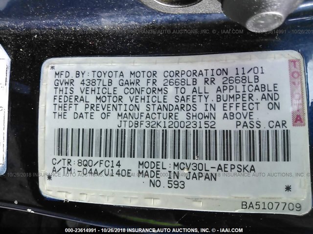 JTDBF32K120023152 - 2002 TOYOTA CAMRY LE/XLE/SE BLUE photo 9