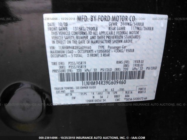1LNHM94R39G609460 - 2009 LINCOLN MKS BLACK photo 9