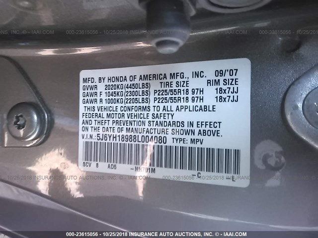 5J6YH18988L004080 - 2008 HONDA ELEMENT SC GRAY photo 9