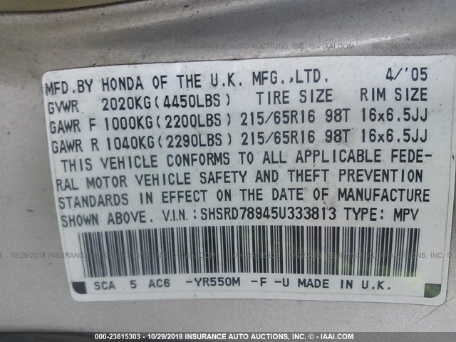 SHSRD78945U333813 - 2005 HONDA CR-V SE/EX BROWN photo 9