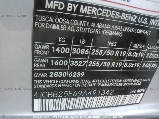 4JGBB25E69A491342 - 2009 MERCEDES-BENZ ML SILVER photo 9