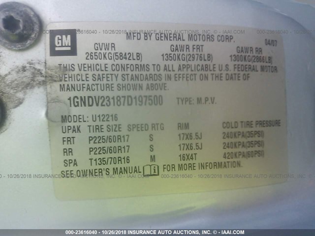 1GNDV23187D197500 - 2007 CHEVROLET UPLANDER LS Light Blue photo 9