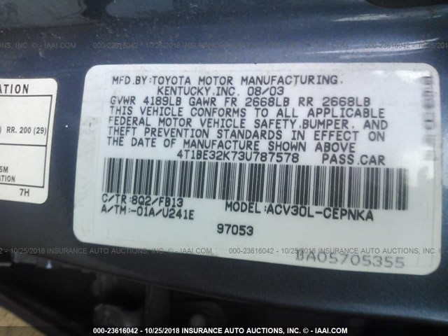 4T1BE32K73U787578 - 2003 TOYOTA CAMRY LE/XLE/SE BLUE photo 9