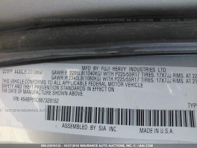 4S4BP61C667329152 - 2006 SUBARU LEGACY OUTBACK 2.5I SILVER photo 9