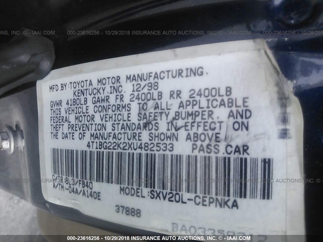 4T1BG22K2XU482533 - 1999 TOYOTA CAMRY CE/LE/XLE 蓝色 照片 9