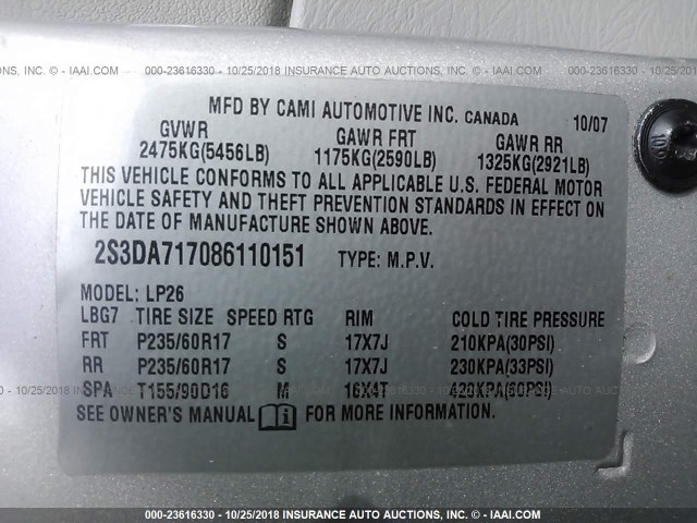 2S3DA717086110151 - 2008 SUZUKI XL7 LIMITED SILVER photo 9