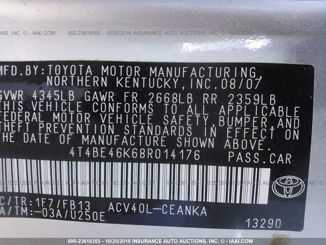 4T4BE46K68R014176 - 2008 TOYOTA CAMRY CE/LE/XLE/SE SILVER photo 9