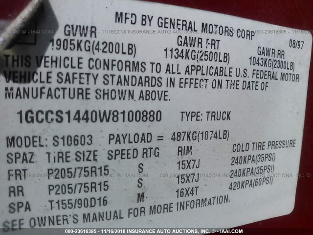 1GCCS1440W8100880 - 1998 CHEVROLET S TRUCK S10 RED photo 9