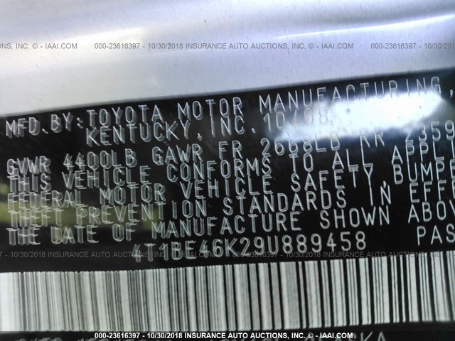 4T1BE46K29U889458 - 2009 TOYOTA CAMRY SE/LE/XLE SILVER photo 9