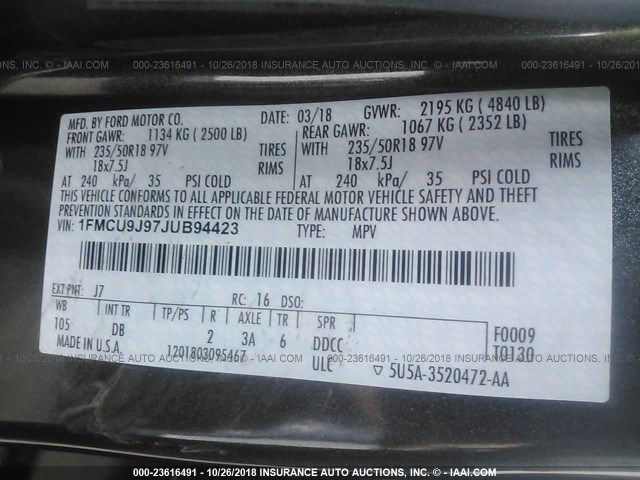 1FMCU9J97JUB94423 - 2018 FORD ESCAPE TITANIUM Gri fotoğraf 9