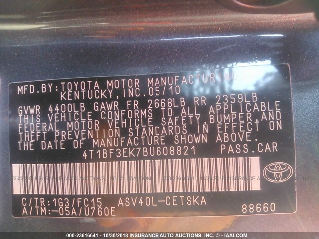 4T1BF3EK7BU608821 - 2011 TOYOTA CAMRY SE/LE/XLE GRAY photo 9