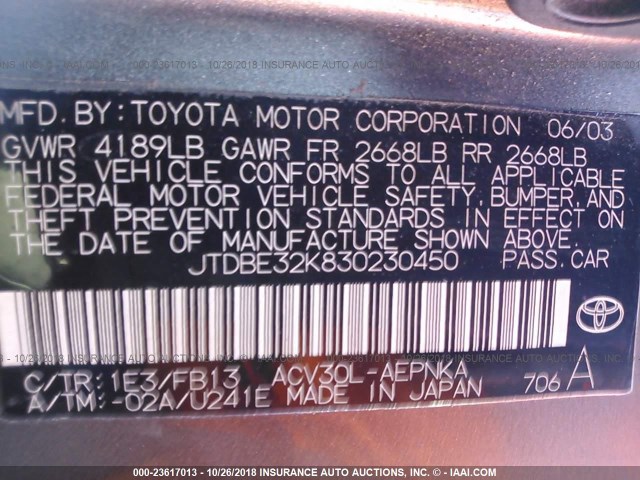 JTDBE32K830230450 - 2003 TOYOTA CAMRY LE/XLE Сұр фото 9