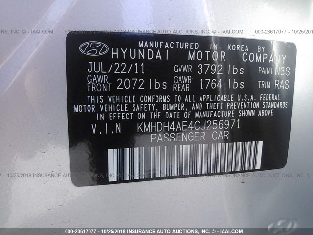 KMHDH4AE4CU256971 - 2012 HYUNDAI ELANTRA GLS/LIMITED SILVER photo 9