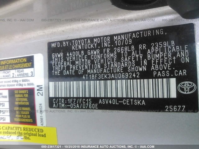 4T1BF3EK3AU069242 - 2010 TOYOTA CAMRY SE/LE/XLE 银色 照片 9
