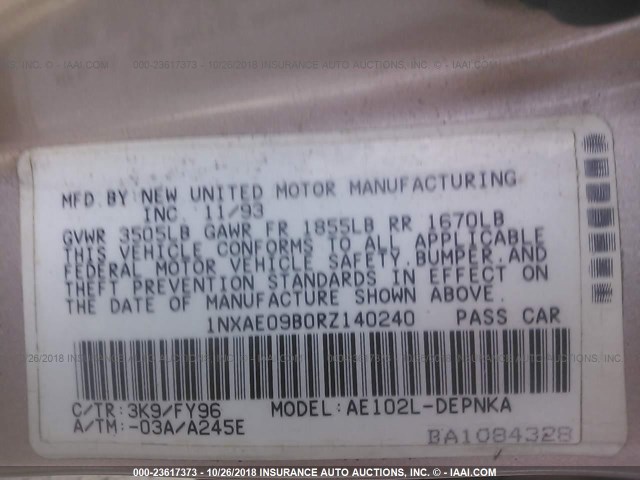 1NXAE09B0RZ140240 - 1994 TOYOTA COROLLA LE/DX 金色 照片 9