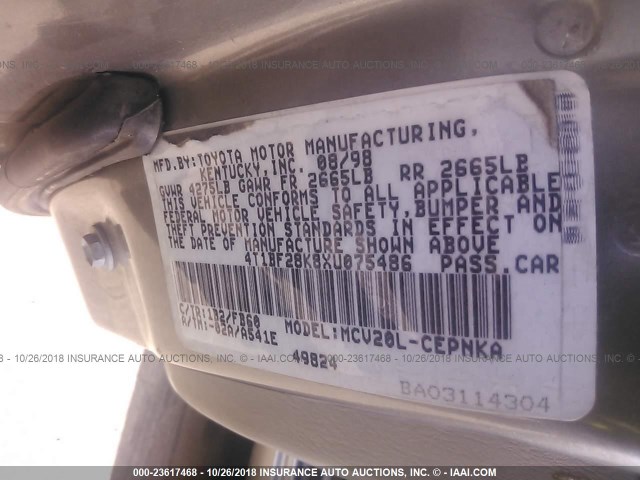 4T1BF28K8XU075486 - 1999 TOYOTA CAMRY LE/XLE GRAY photo 9