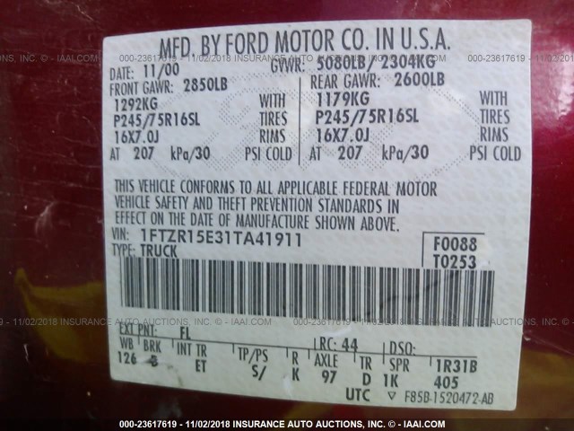 1FTZR15E31TA41911 - 2001 FORD RANGER SUPER CAB MAROON photo 9