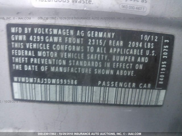 WVWDM7AJ3DW099986 - 2013 VOLKSWAGEN GOLF 银色 照片 9