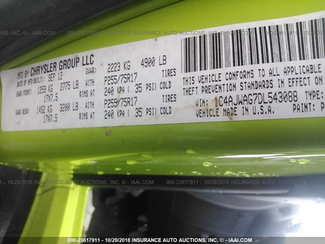 1C4AJWAG7DL543088 - 2013 JEEP WRANGLER SPORT GREEN photo 9