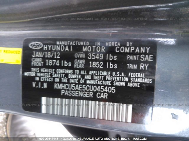 KMHCU5AE5CU045405 - 2012 HYUNDAI ACCENT GLS/GS/SE GRAY photo 9