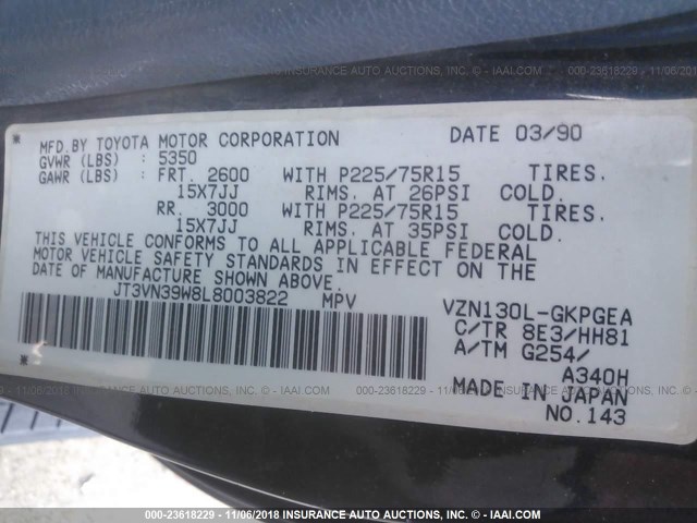 JT3VN39W8L8003822 - 1990 TOYOTA 4RUNNER VN39 SR5 蓝色 照片 9