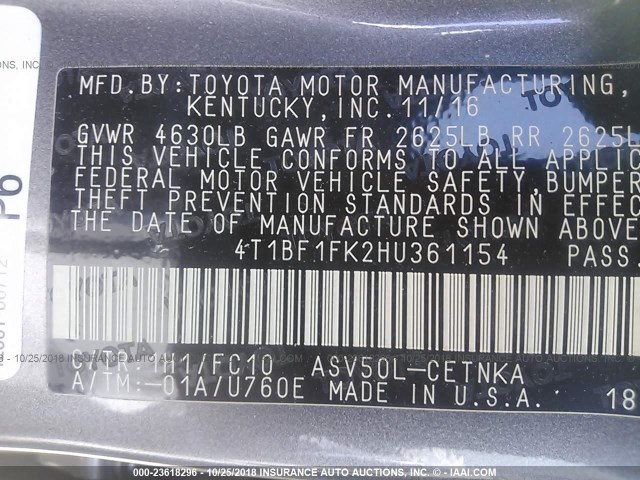 4T1BF1FK2HU361154 - 2017 TOYOTA CAMRY LE/XLE/SE/XSE 灰色 照片 9