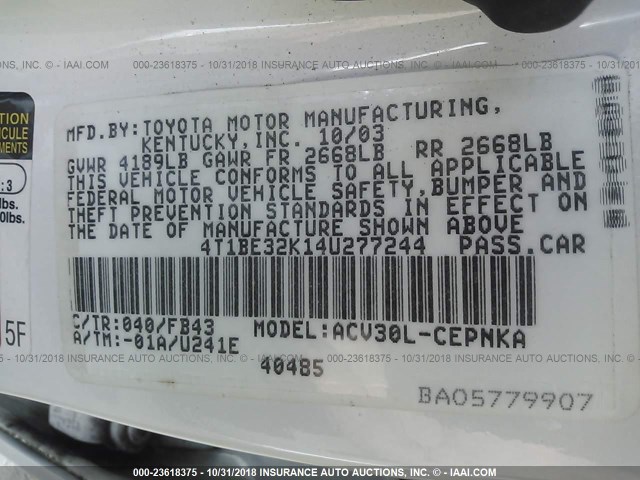 4T1BE32K14U277244 - 2004 TOYOTA CAMRY LE/XLE/SE WHITE photo 9