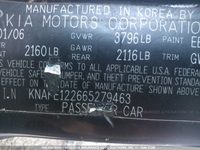 KNAFE122665279463 - 2006 KIA NEW SPECTRA LX/EX BLACK photo 9