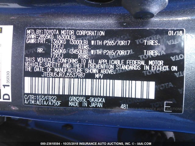 JTEBU5JR7J5537987 - 2018 TOYOTA 4RUNNER SR5 PREM/LTDL/TRAIL/TRD GRAY photo 9