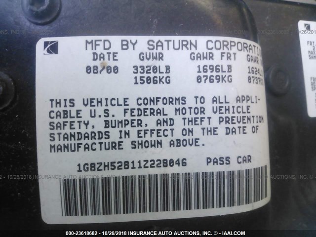 1G8ZH52811Z228046 - 2001 SATURN SL1 SILVER photo 9