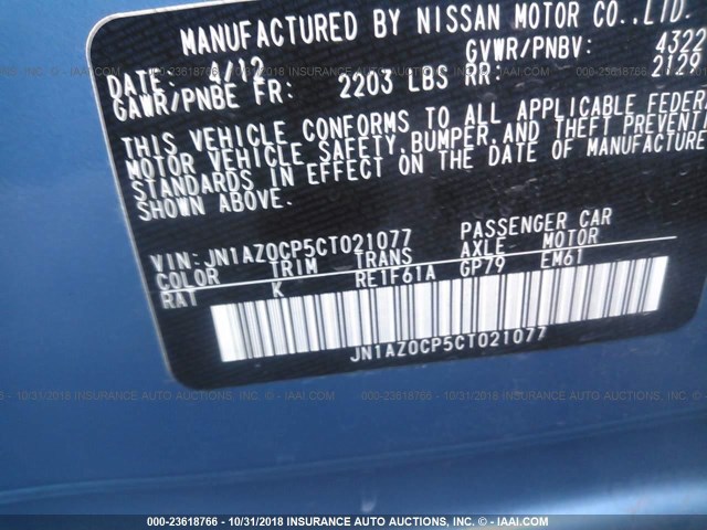 JN1AZ0CP5CT021077 - 2012 NISSAN LEAF SV/SL BLUE photo 9