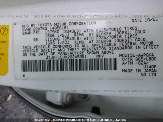 JTJHF10UX20245351 - 2002 LEXUS RX 300 WHITE photo 9