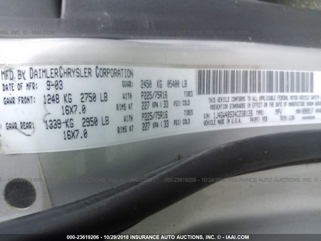 1J4GW48S34C238126 - 2004 JEEP GRAND CHEROKEE LAREDO/COLUMBIA/FREEDOM 银色 照片 9